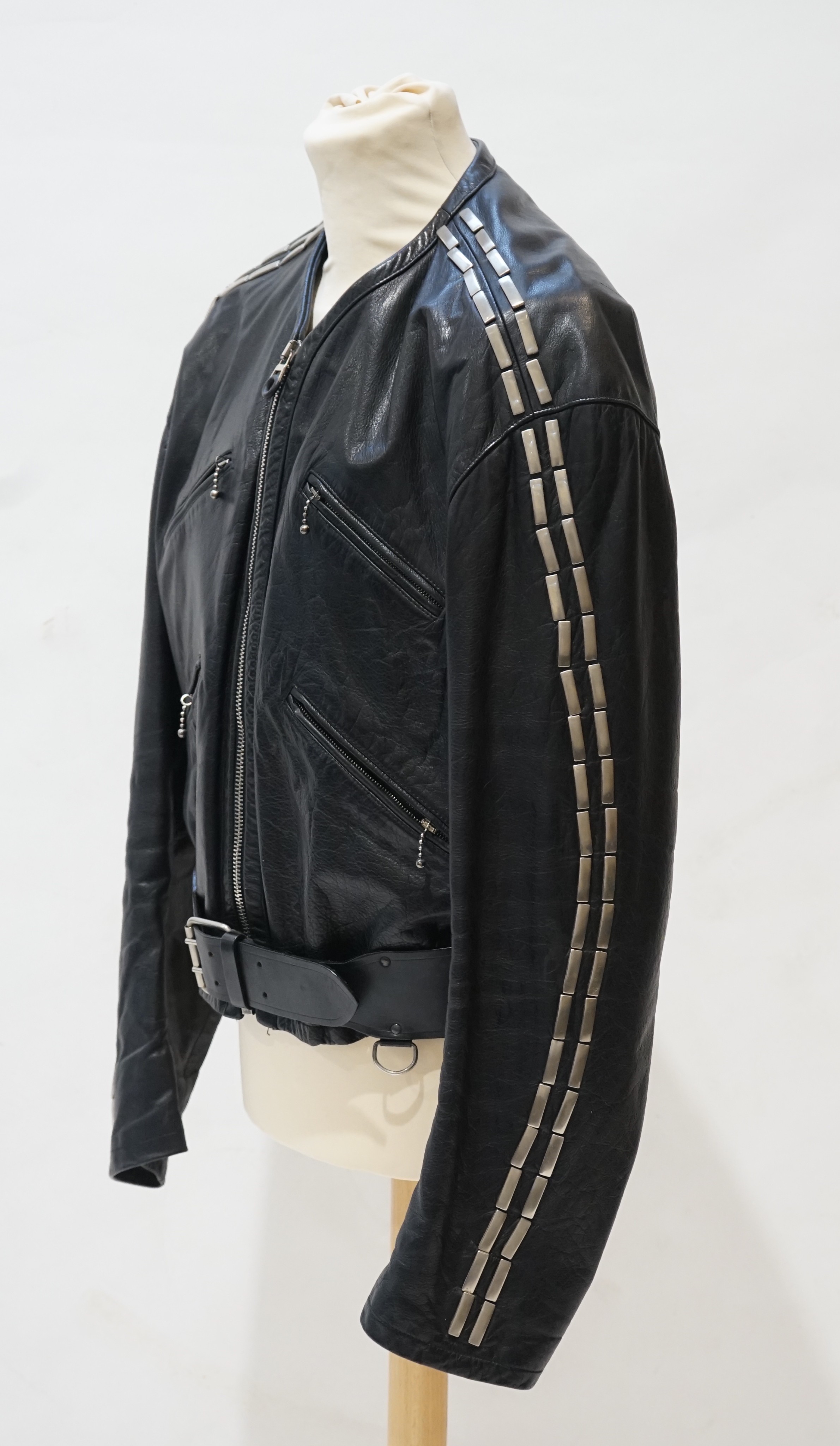 A gentleman's Calugi e Giannelli black leather jacket with metal appliques to the sleeves, size 52 (UK 48)